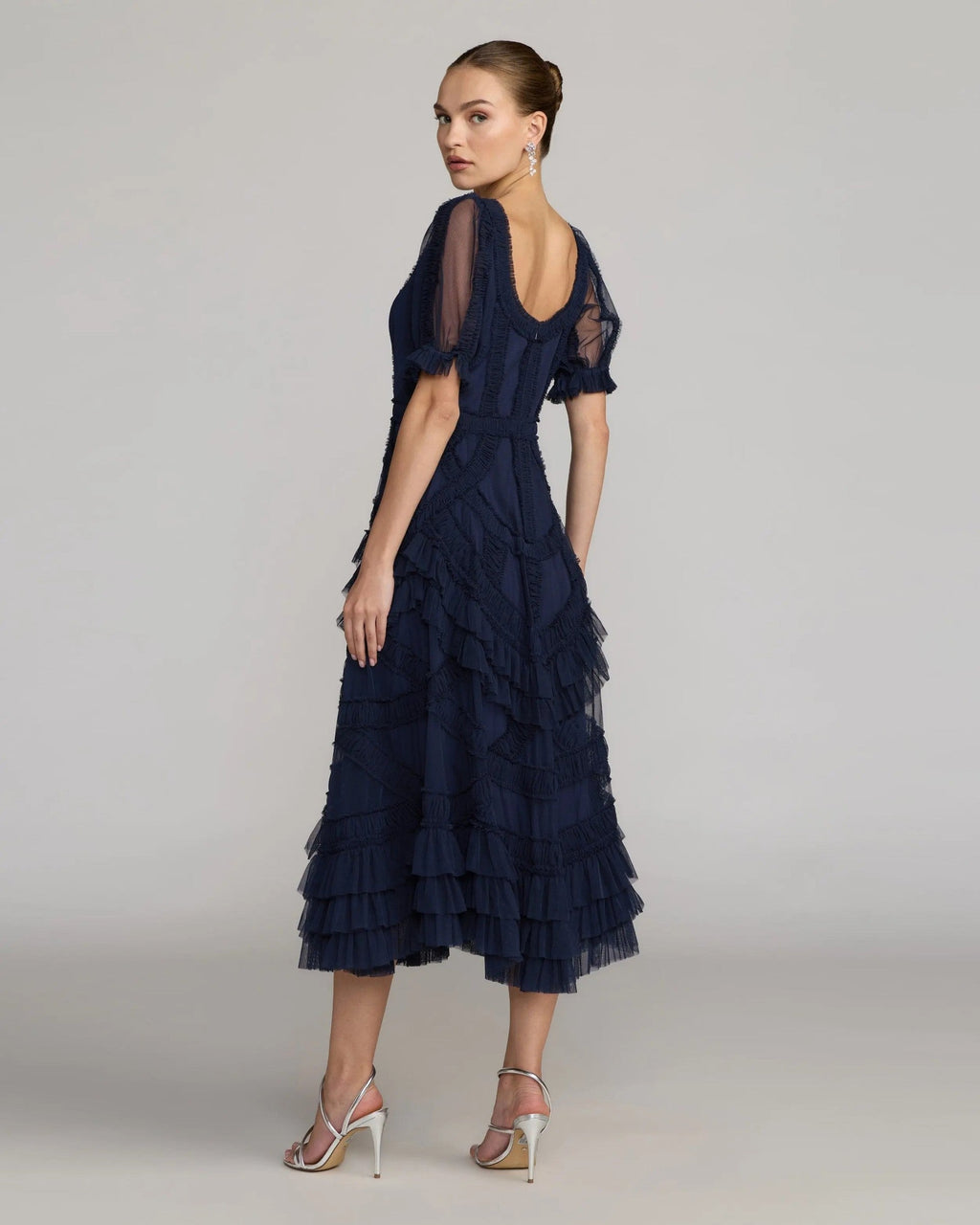 Indigo Short Sleeve Micro Ruffle Midi Dress