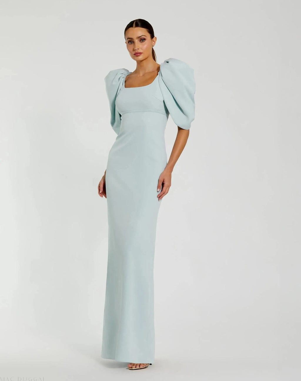 Powder Blue Fitted Crepe Square Neck Gown With Puff Sleeves