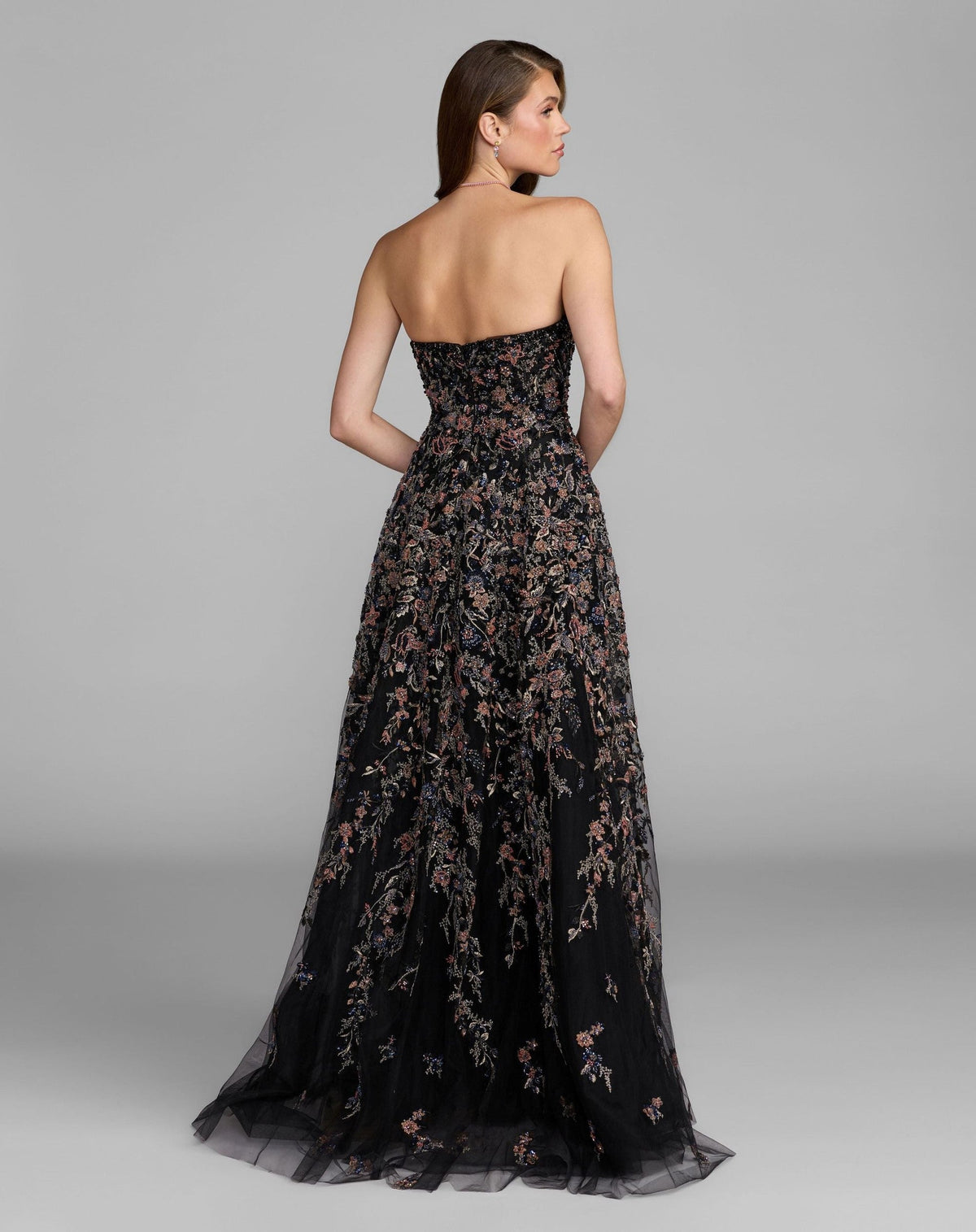 Black Multi Strapless Floral Embroidered A-Line Gown
