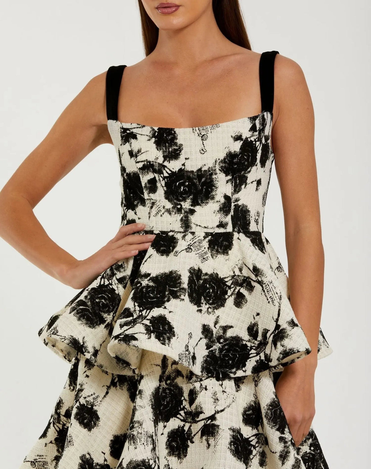 Black Ivory Floral Boucle Tiered Ruffle Gown