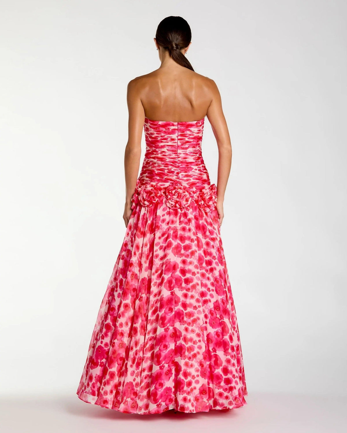 Pink Strapless Chiffon Ball Gown With 3D Flowers