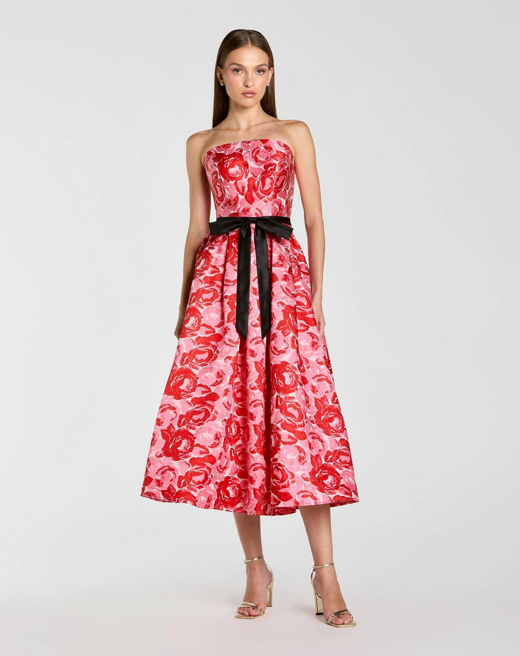 Red Floral Strapless Brocade Midi Dress With Bow