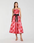 Red Floral Strapless Brocade Midi Dress With Bow