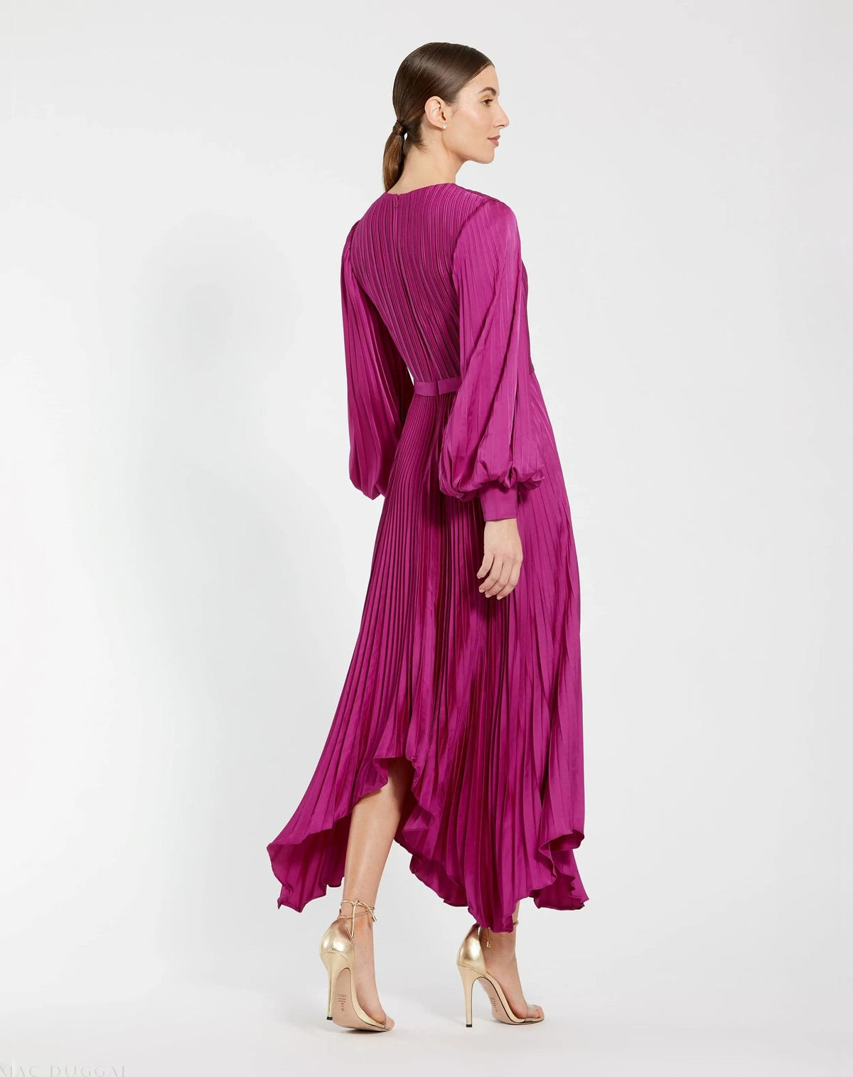 Fuchsia Long Sleeve Pleated Charmeuse Handkerchief Dress