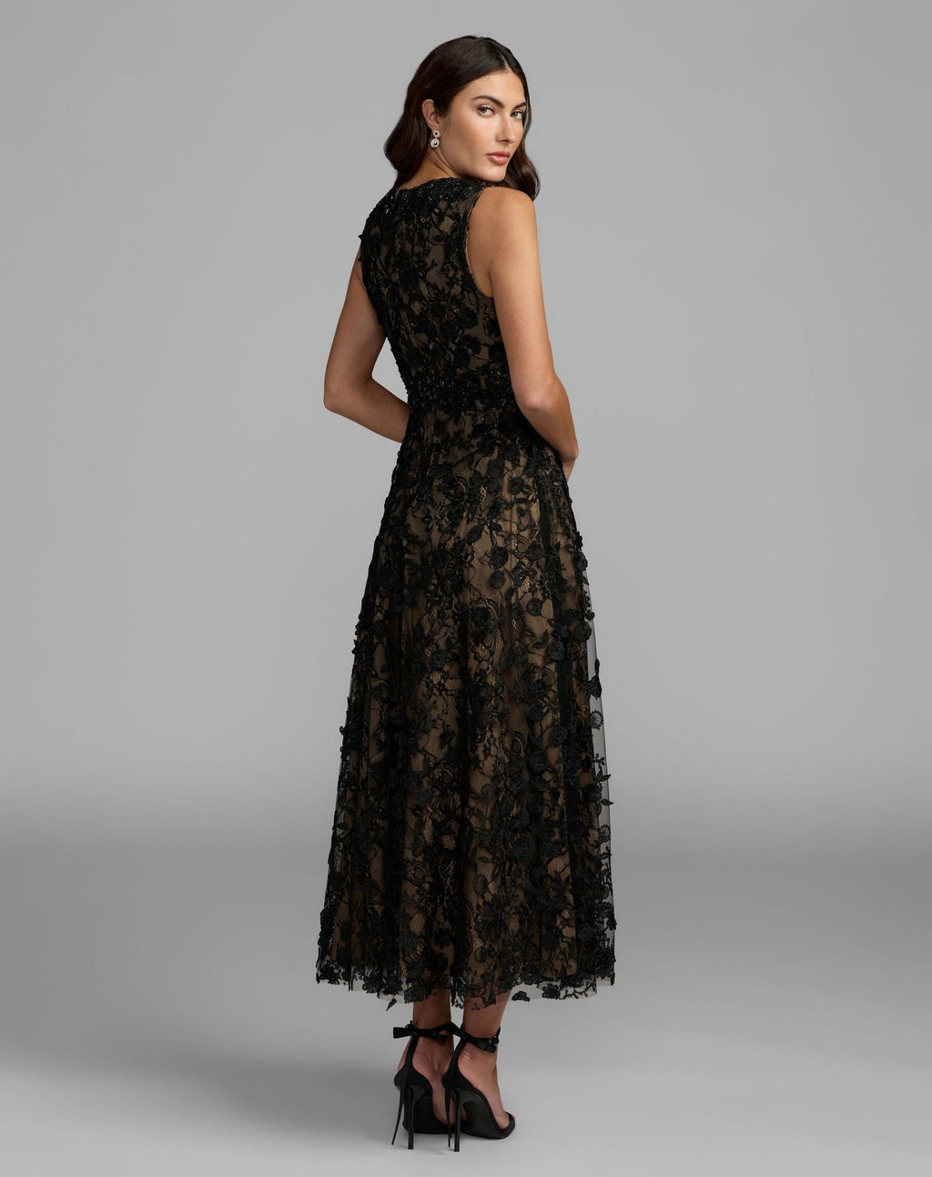 Petite Black Nude Floral Embroidered High Neck Midi Dress