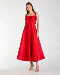 Red Satin Bow Bodice Midi Dress