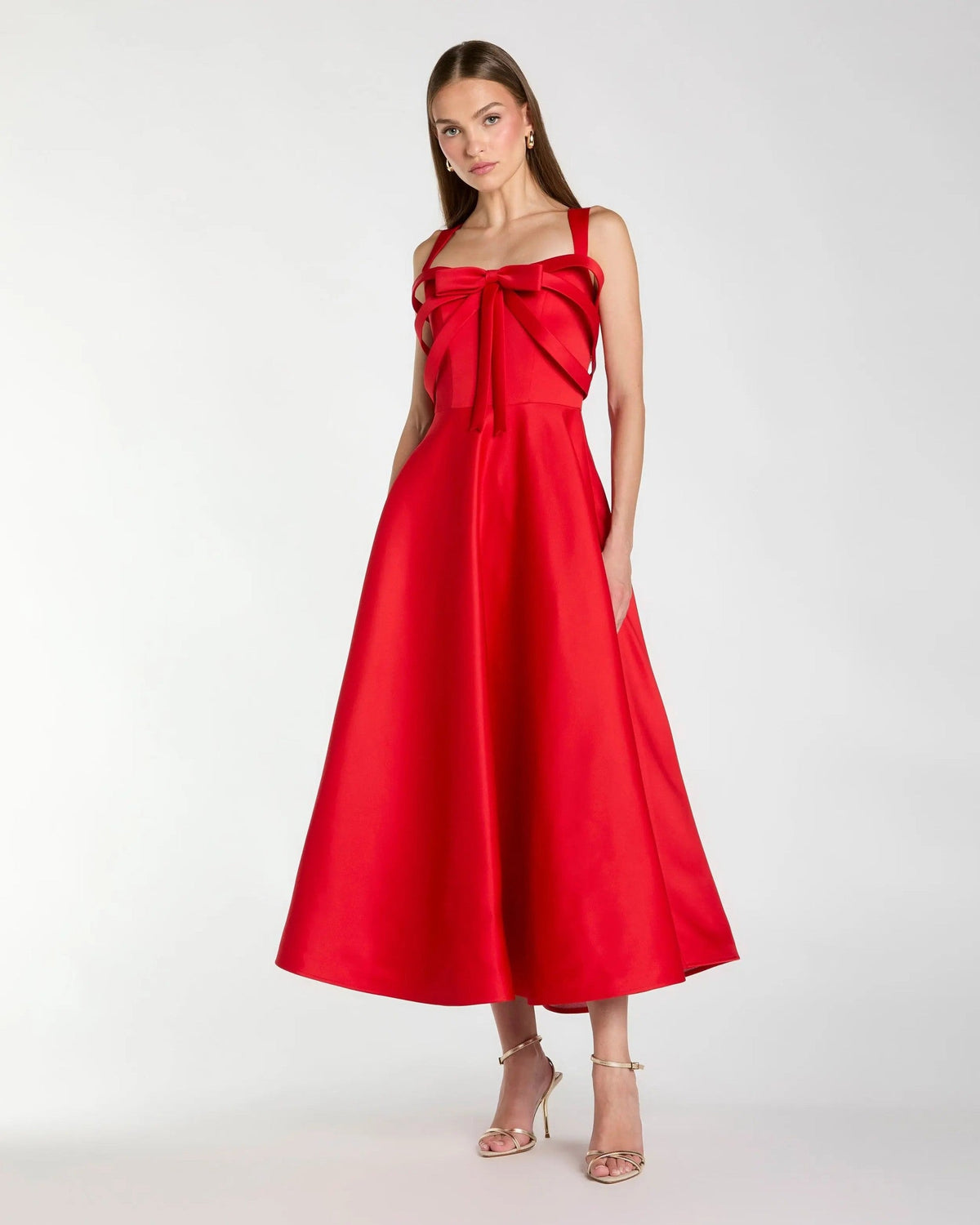 Red Satin Bow Bodice Midi Dress