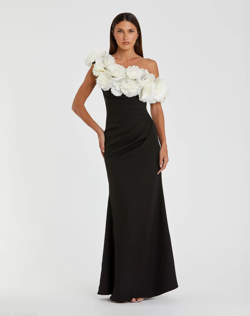 Black and White Jersey Gown With 3D Flower Off The Shoulder Detail