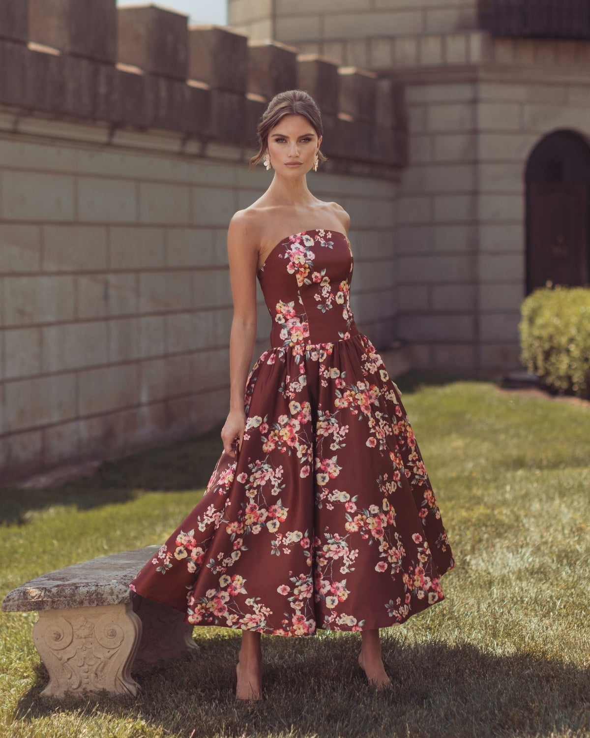 Bordeaux Multi Floral Print Strapless Midi Dress