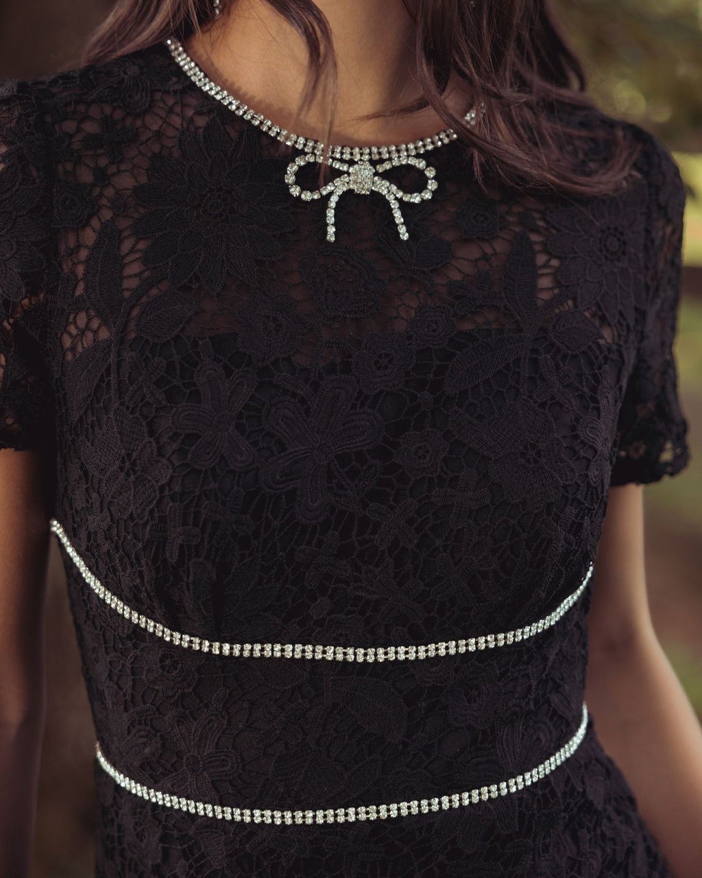 Black Short Sleeve Lace Midi Dress With Rhinestone Trim