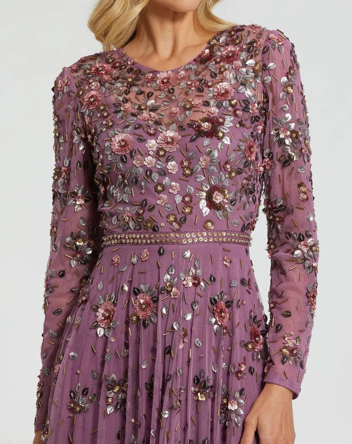 Purple Long Sleeve High Neck Beaded Gown