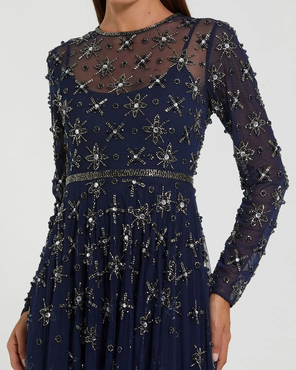 Midnight Long Sleeve Crystal Embellished Evening Gown