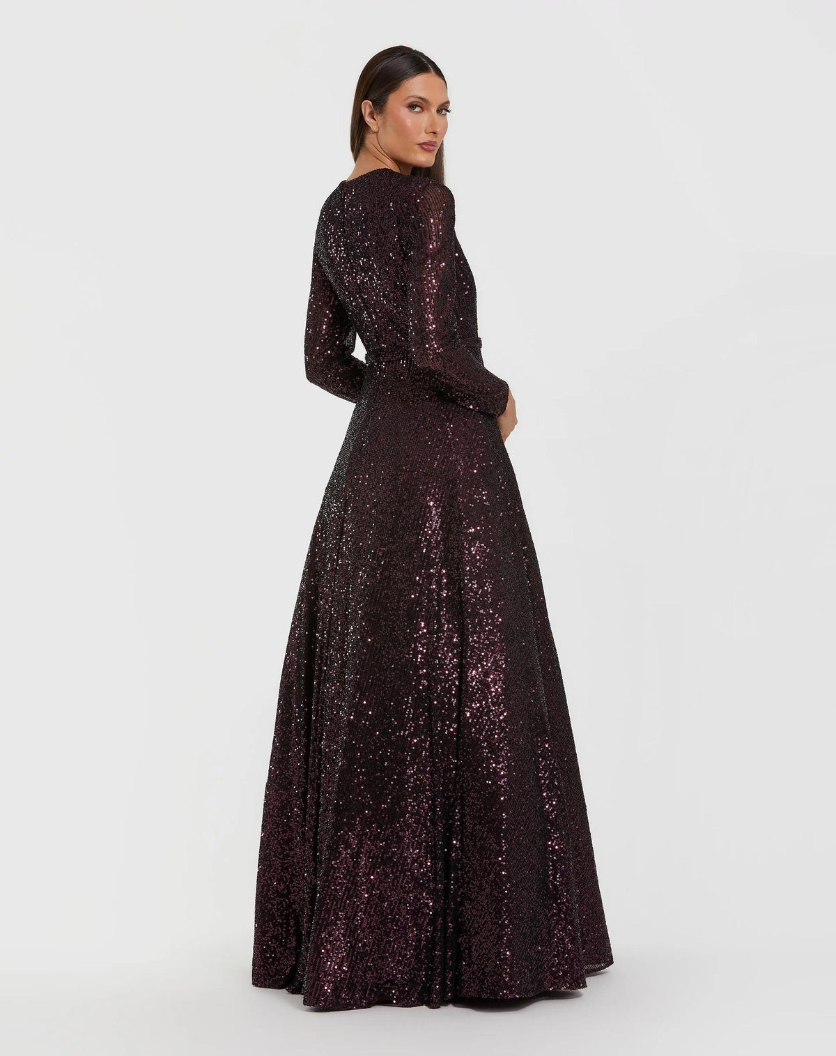 Amethyst Long Sleeve Sequin Ball Gown With 3D Flower