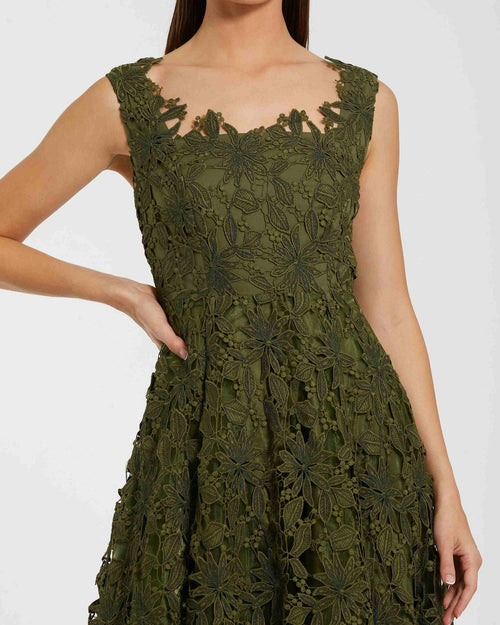 Army Green Sleeveless Embroidered Lace A-Line Midi Dress
