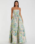 Pastel Multi Strapless Floral Brocade A-Line Gown