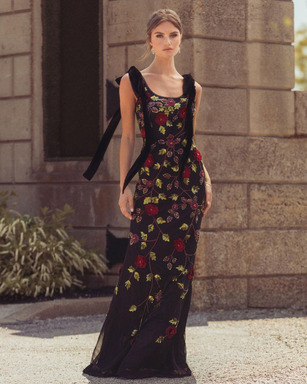 Black Red 3D Floral Embellished Gown With Velvet Bows