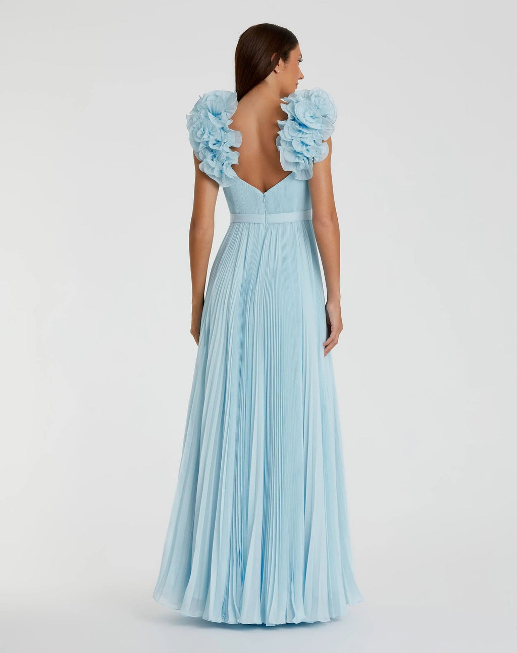 Blue Pleated Organza Gown With Ruffle Straps