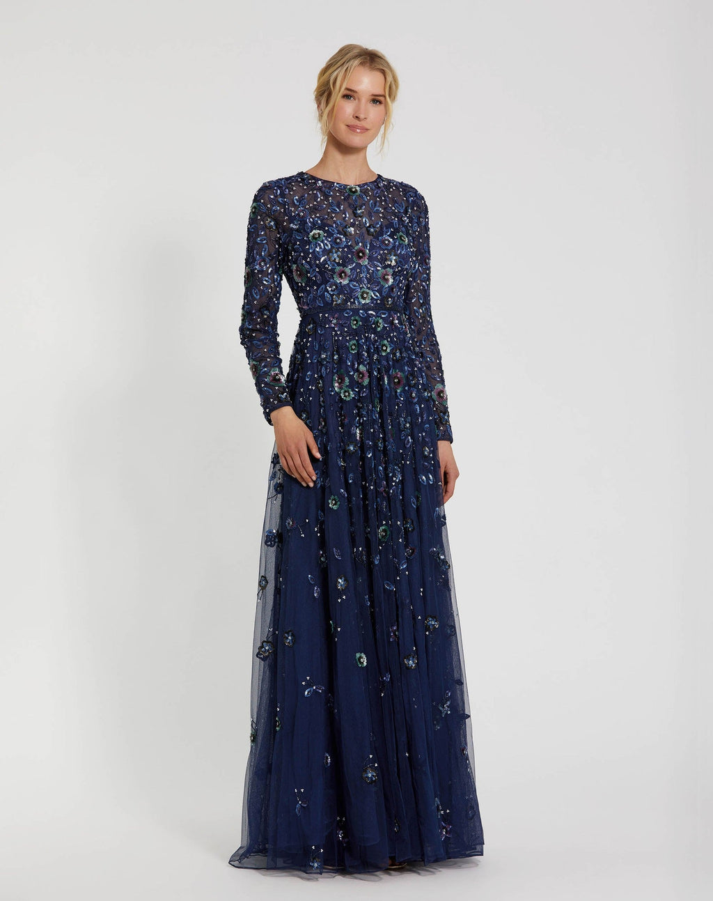 Petite Navy Embellished High Neck Long Sleeve A Line Gown