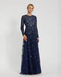 Petite Navy Embellished High Neck Long Sleeve A Line Gown