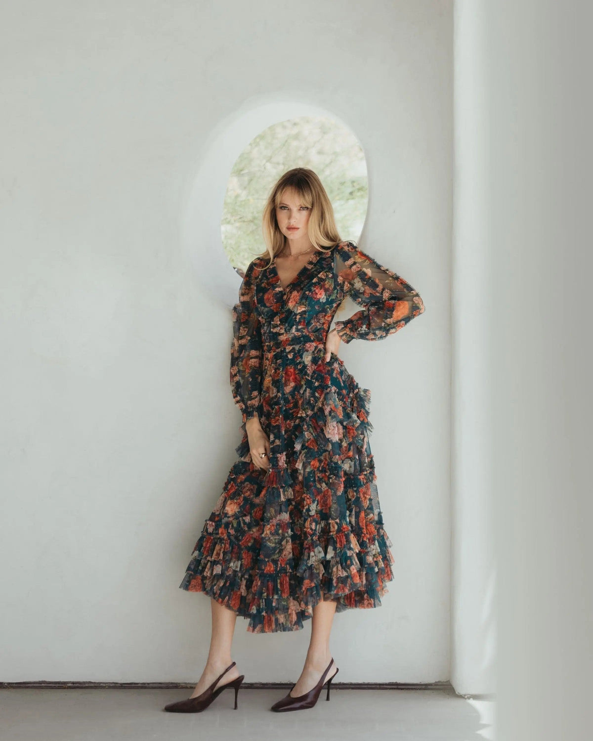 Teal Long Sleeve Floral Midi Dress With Ruffles
