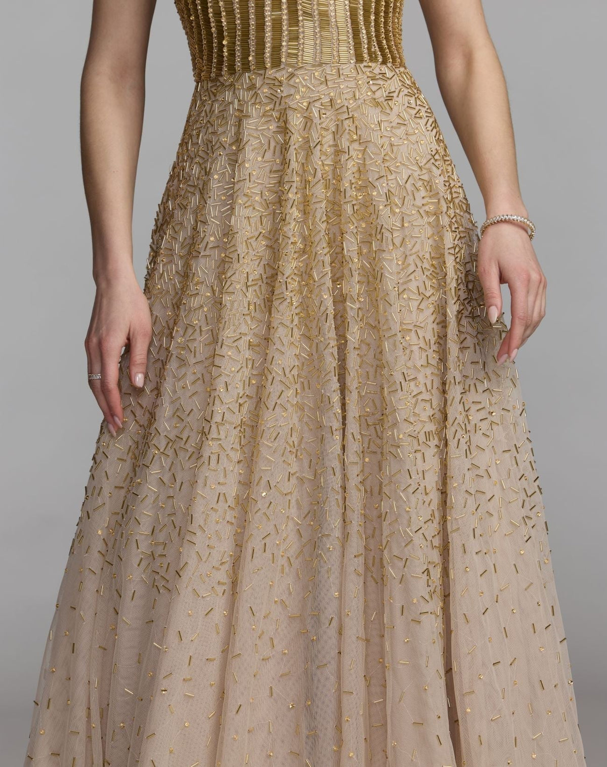 Gold V-Neck Beaded Tulle A-Line Gown