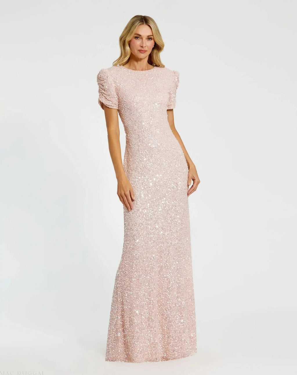 Blush Gathered Short Sleeve Embellished Gown