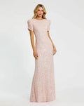 Blush Gathered Short Sleeve Embellished Gown