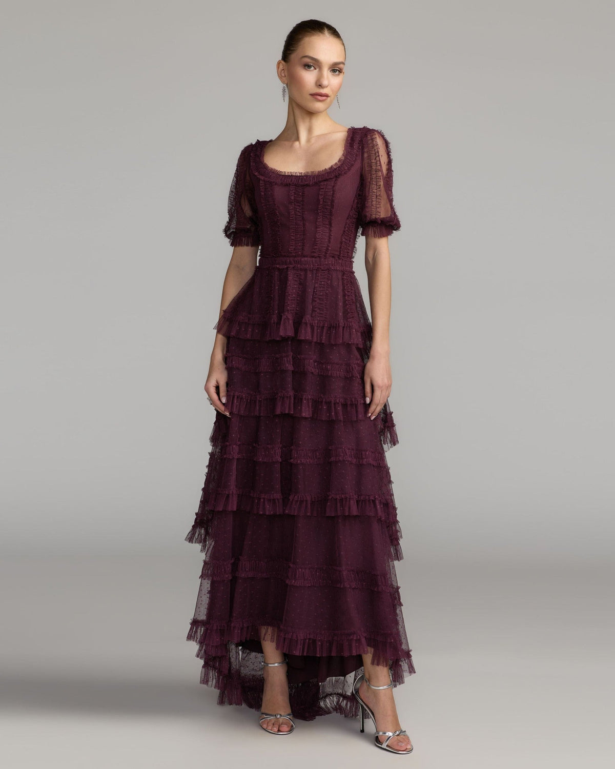 Amethyst Tiered Ruffle High-Low Maxi Dress