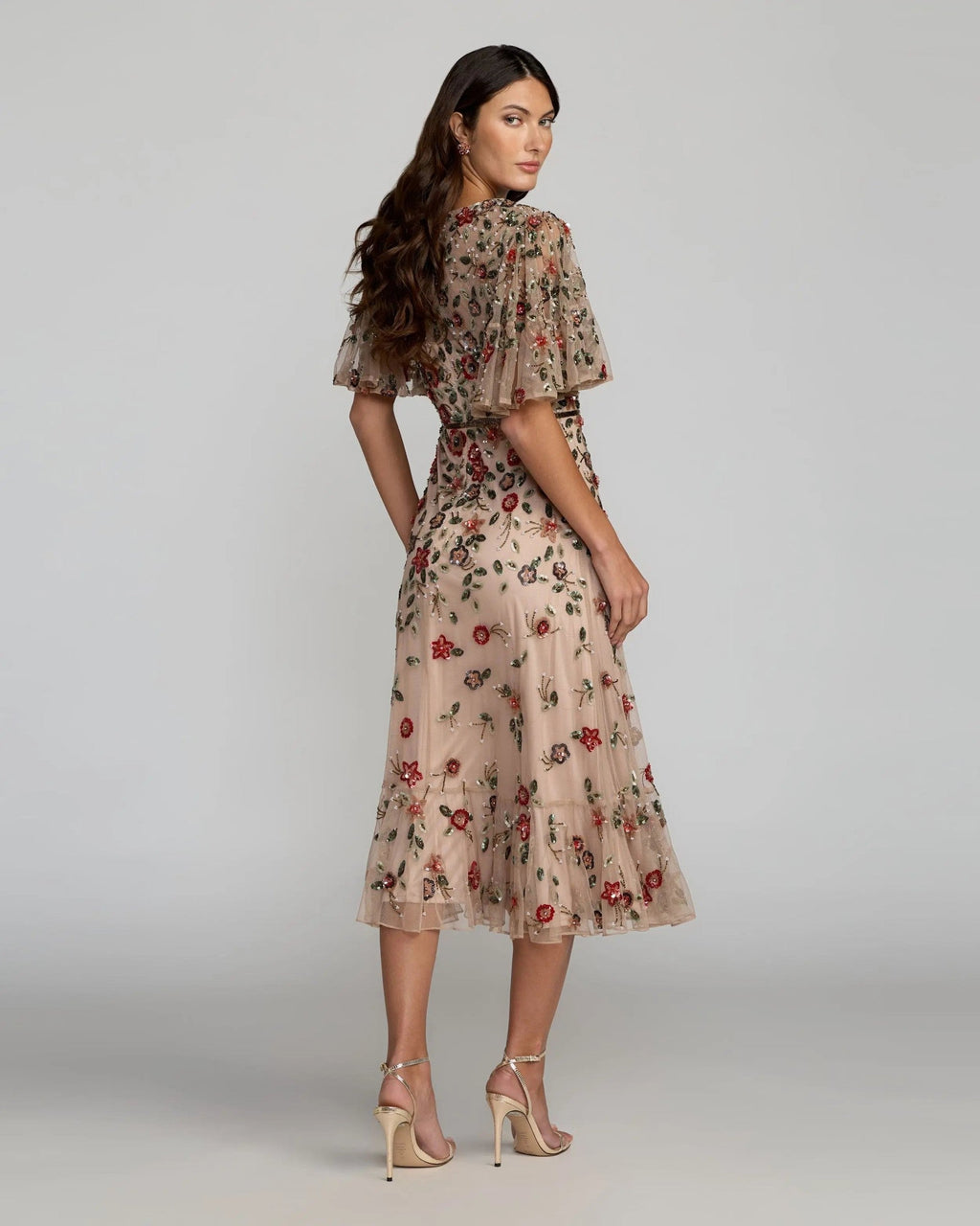 Antique Rose Floral Embellished Flutter Sleeve Midi Dress
