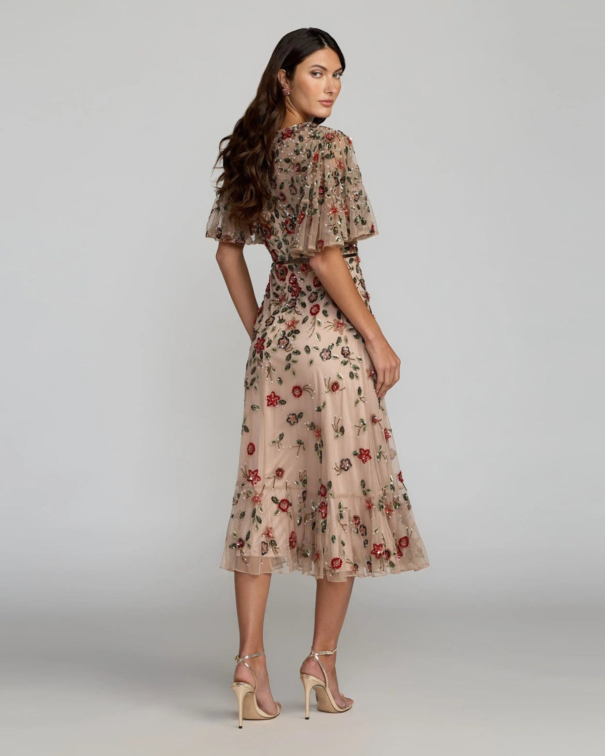 Antique Rose Floral Embellished Flutter Sleeve Midi Dress