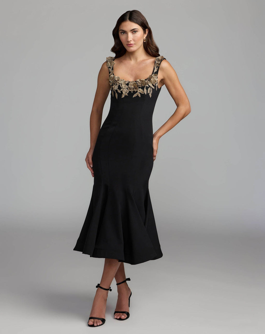 Black 3D Floral Trumpet Midi Dress