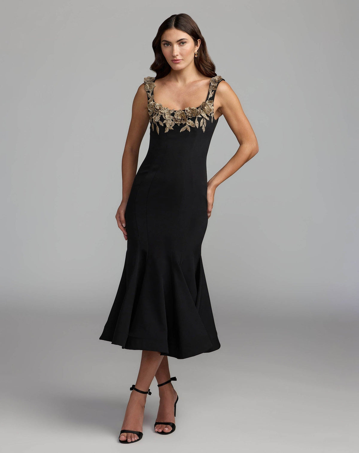Black 3D Floral Trumpet Midi Dress