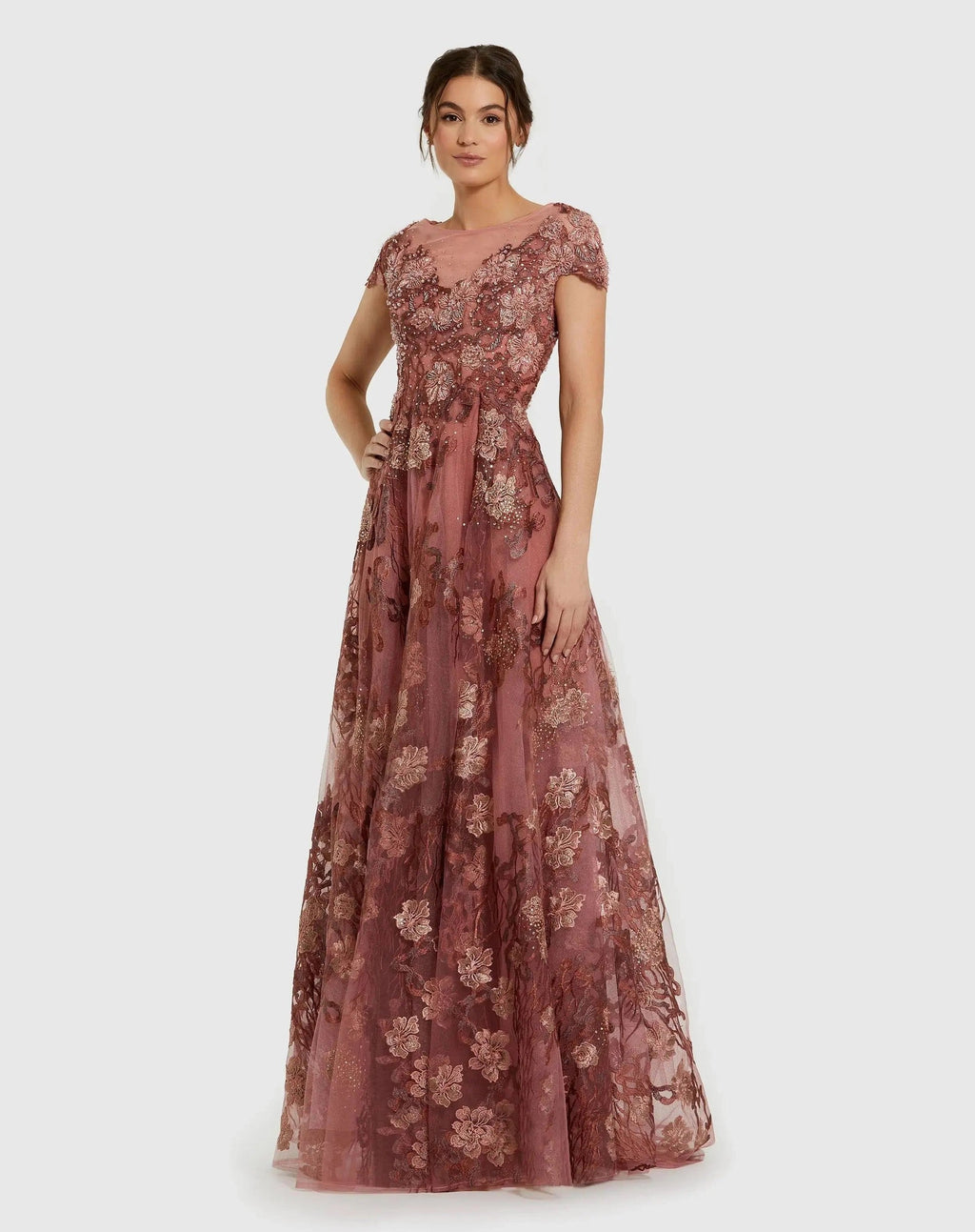Cinnamon Floral Embroidered Cap Sleeve Evening Gown