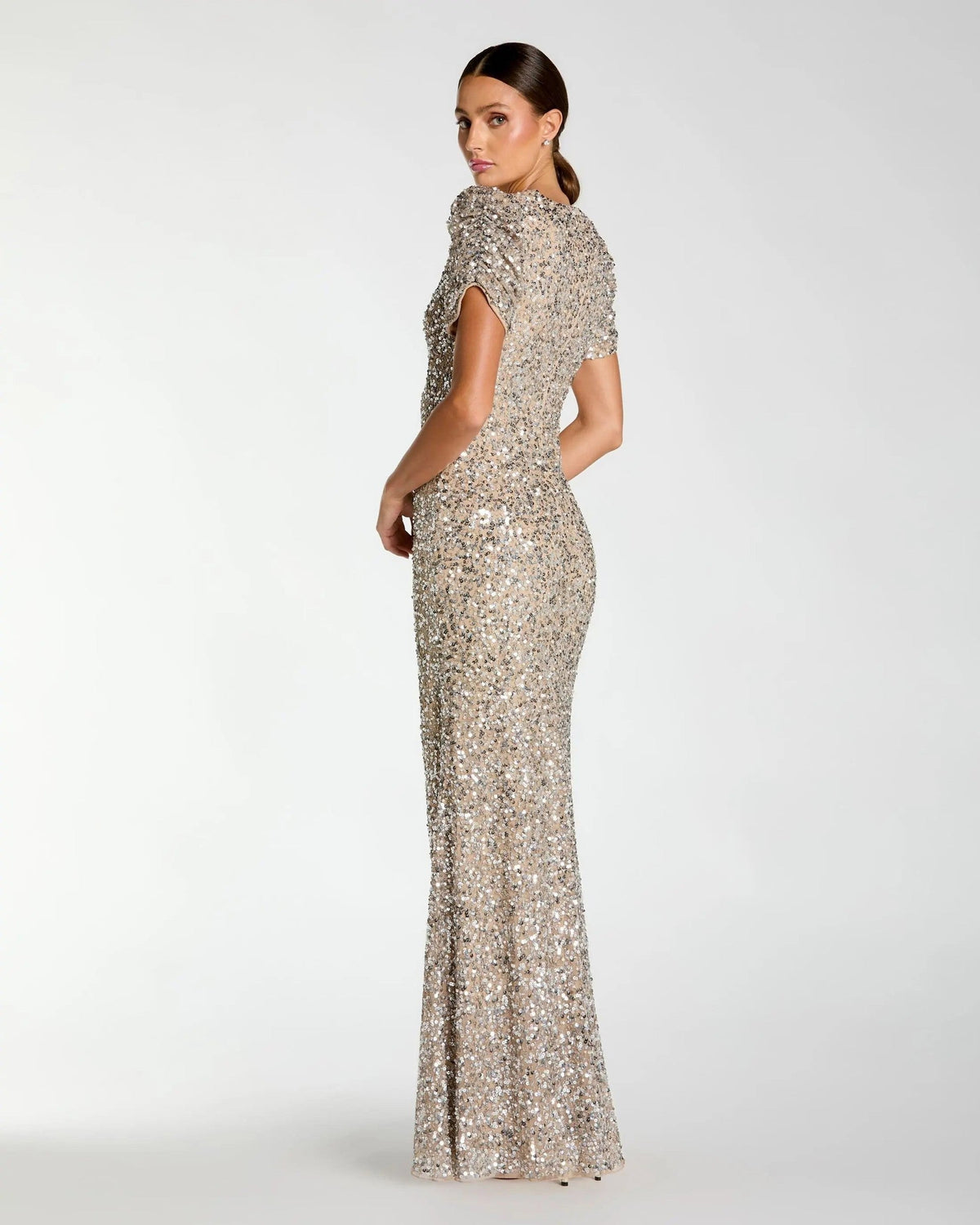 Nude Silver Gathered Short Sleeve Embellished Gown