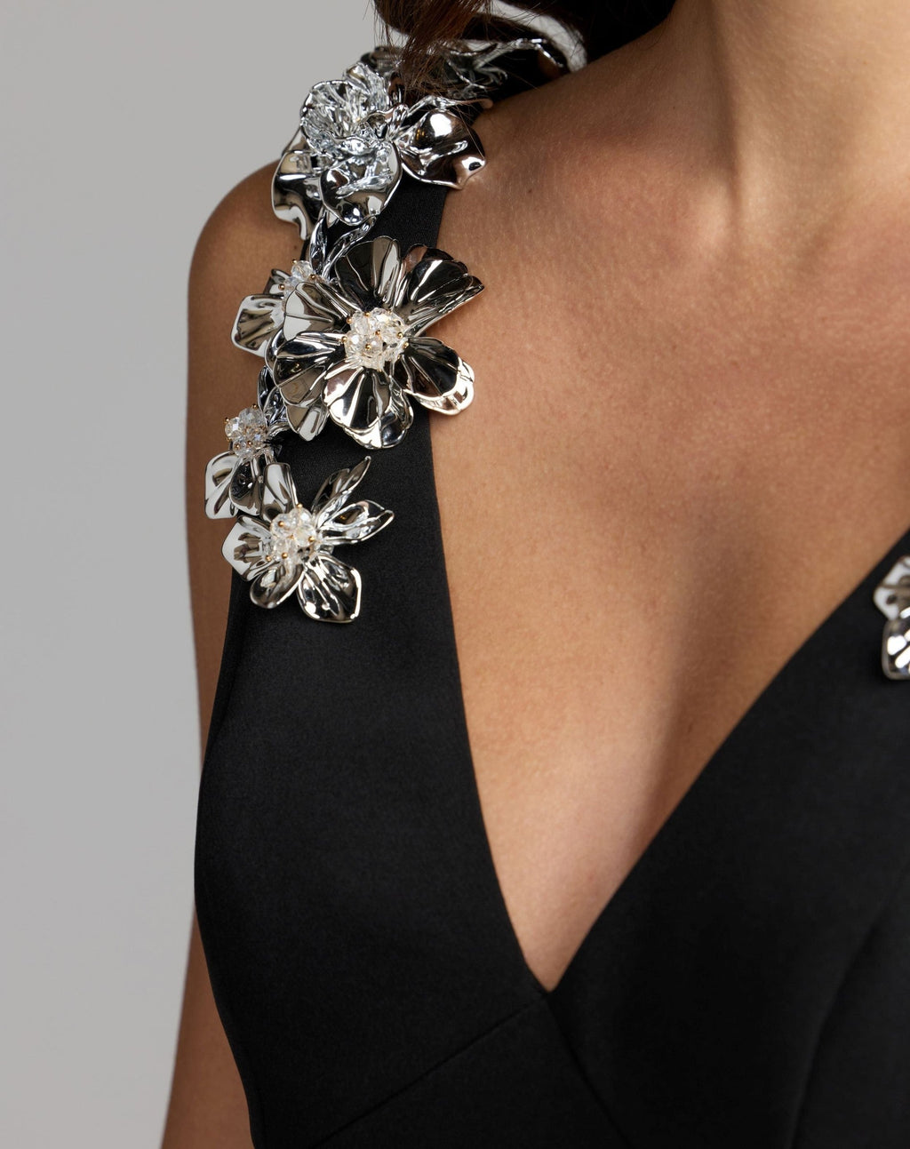 Black Crepe And Satin Plunging V-Neck Ball Gown