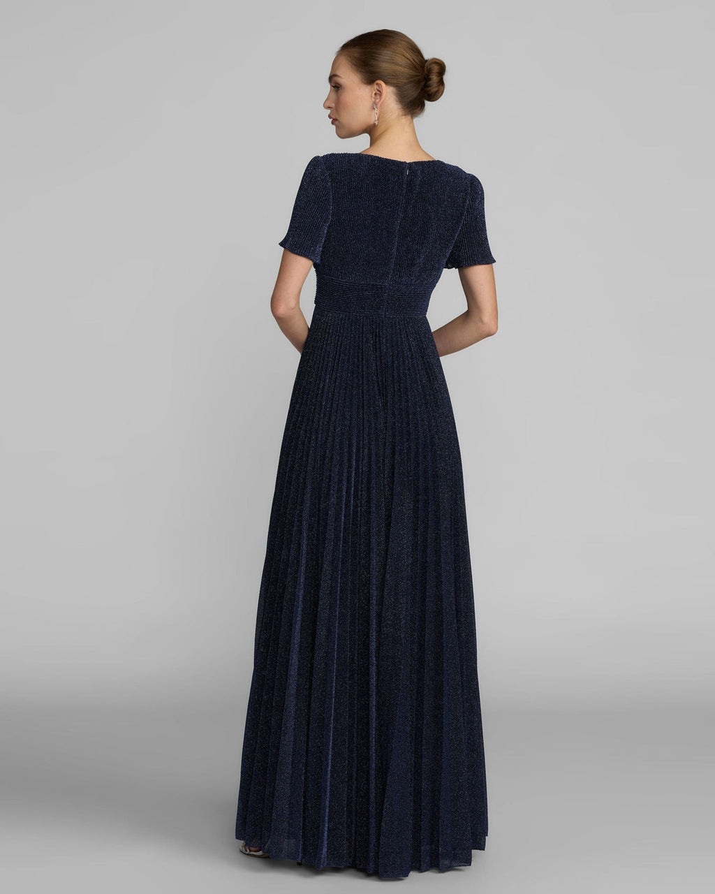 Midnight Pleated Metallic Flutter Sleeve A Line Gown