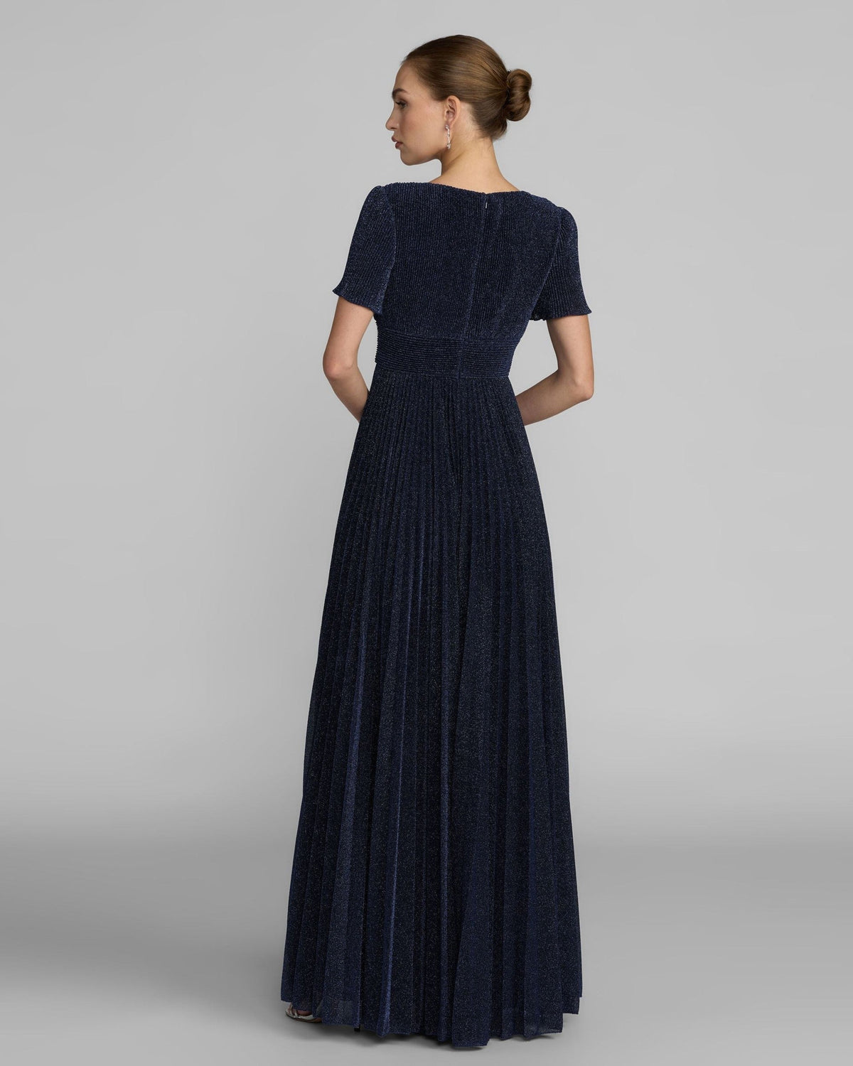 Midnight Pleated Metallic Flutter Sleeve A Line Gown