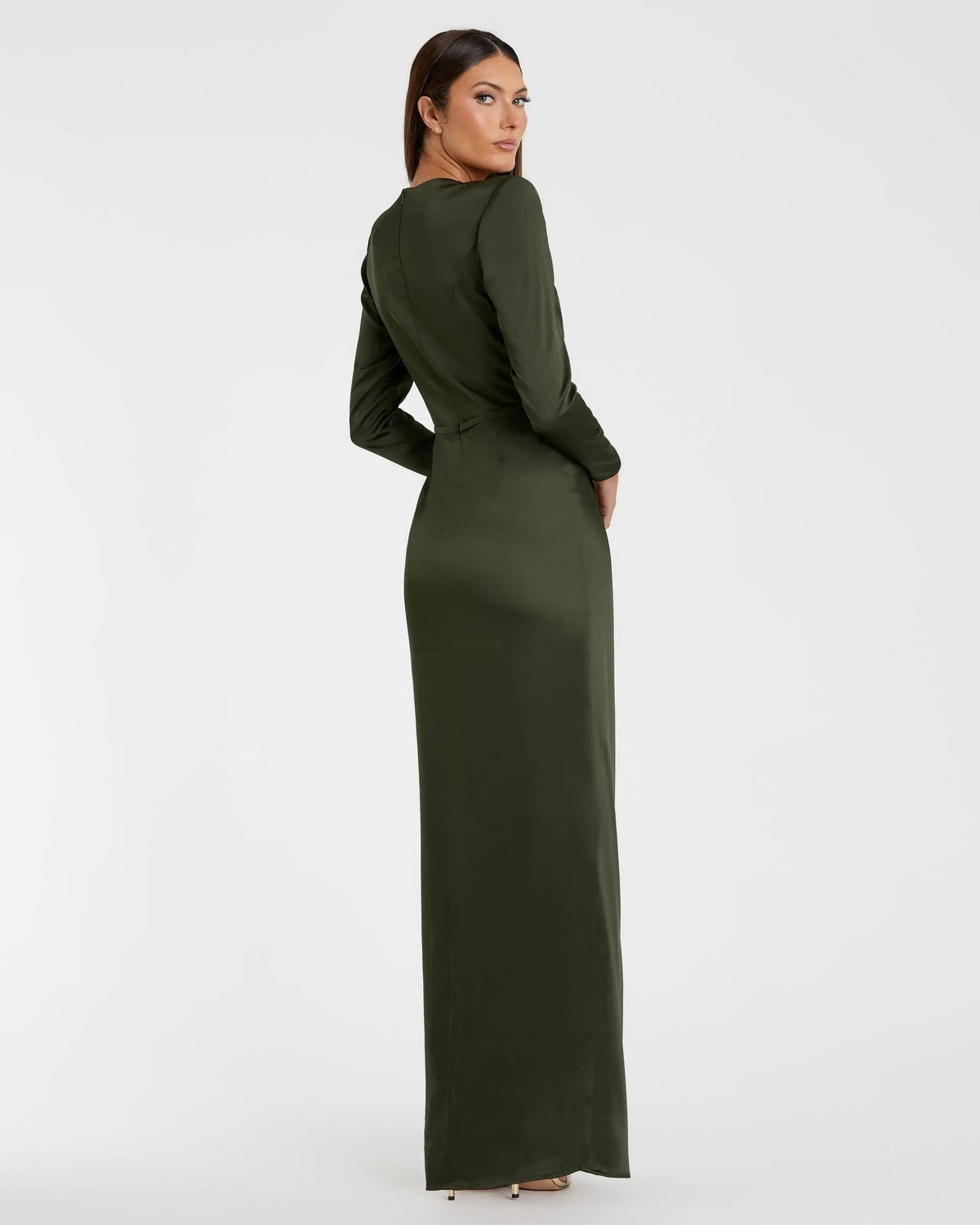 Olive Green Long Sleeve Satin Structured Column Gown