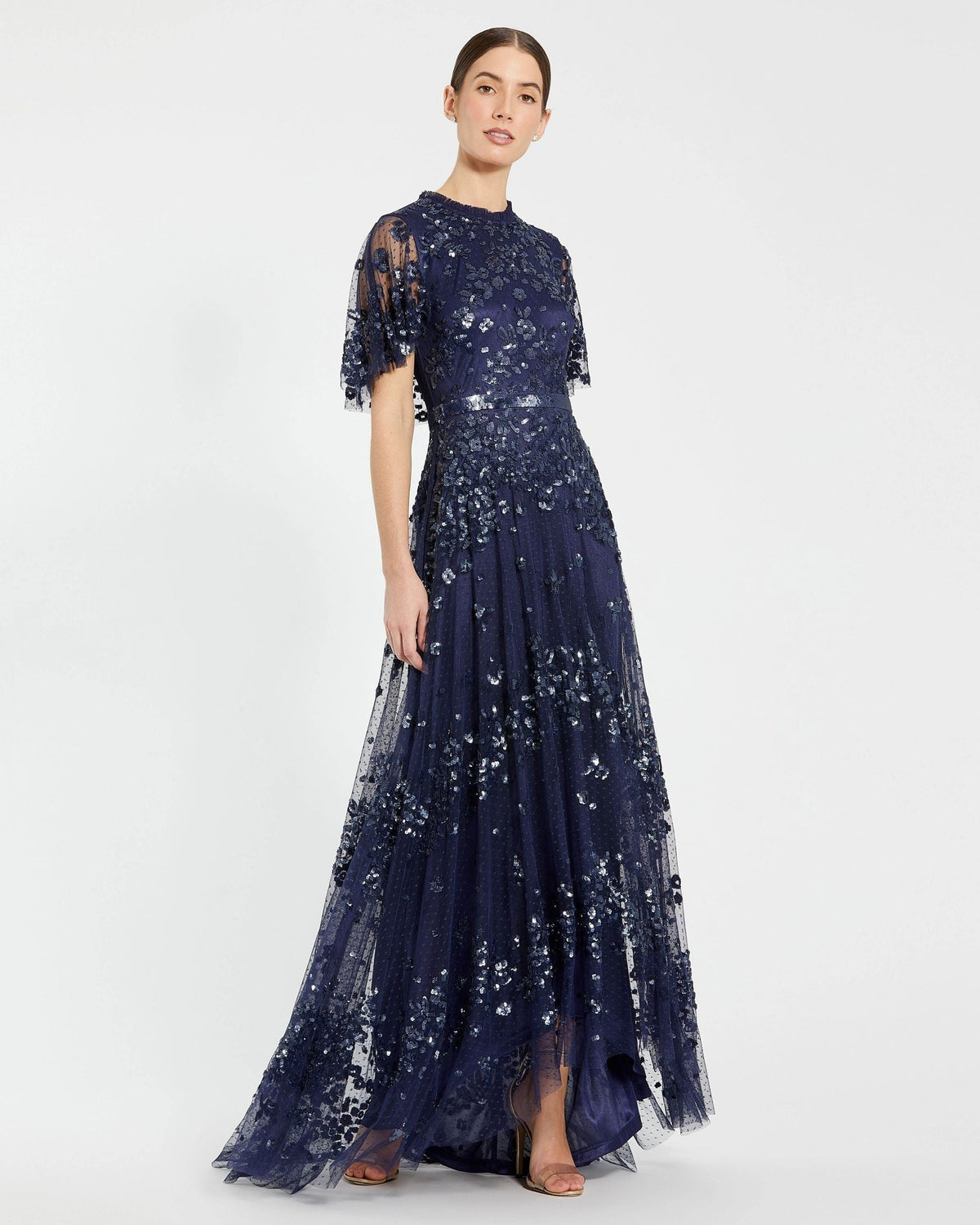 Petite Midnight Sequined High Neck Flutter Sleeve A Line Gown