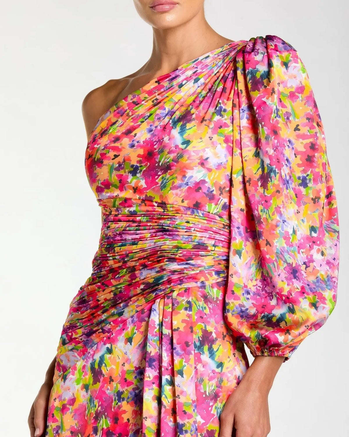 Multi Floral One Shoulder Charmeuse Gown With Slit