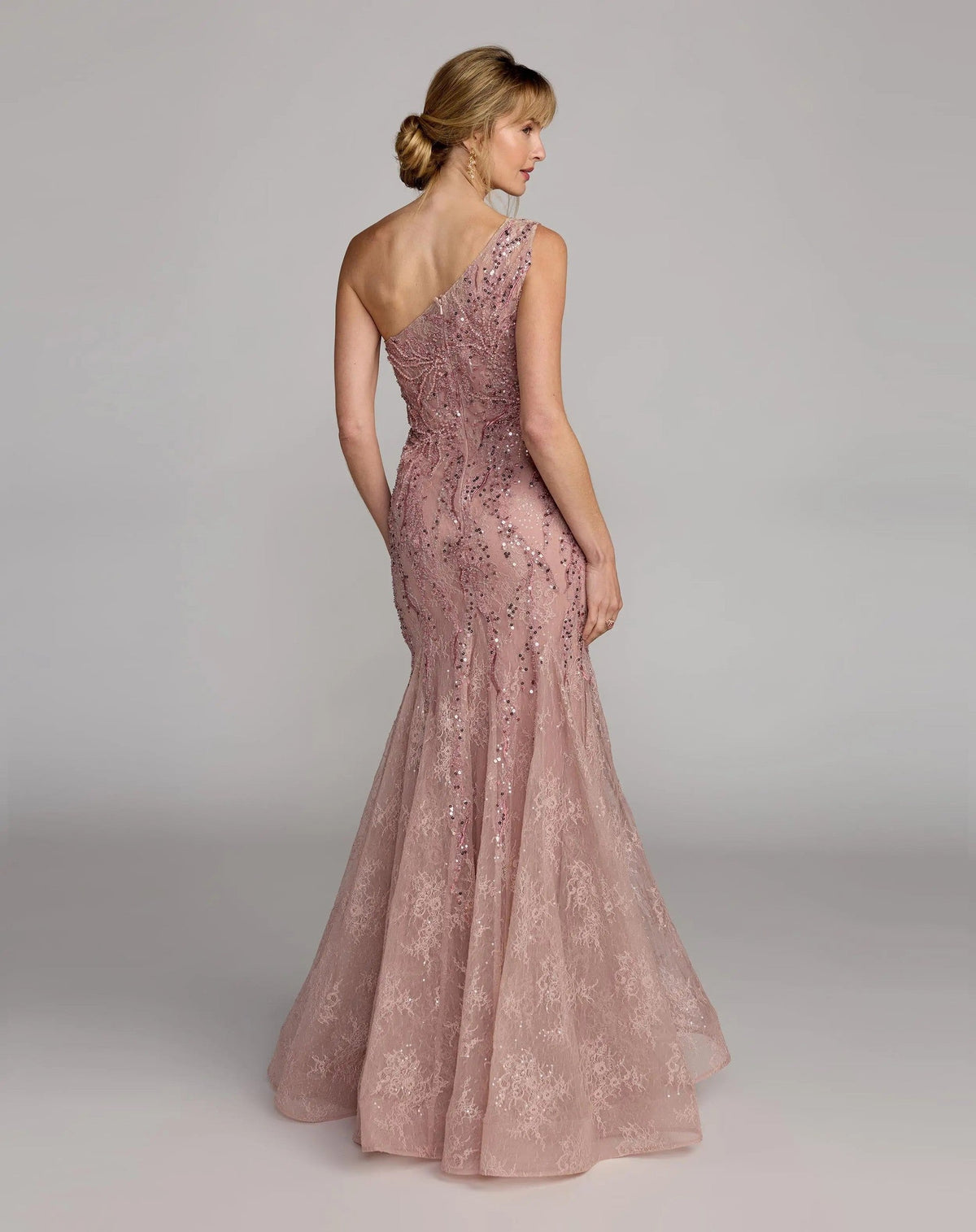 Rose Embellished Lace One Shoulder Mermaid Gown