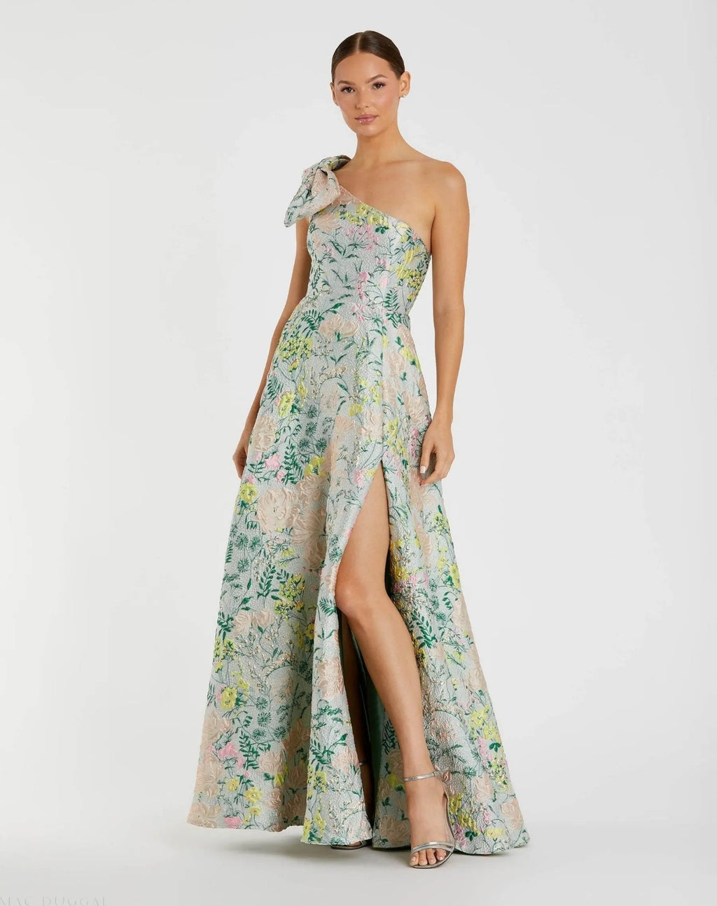 Multicolor One Shoulder Brocade Floral Gown With Bow