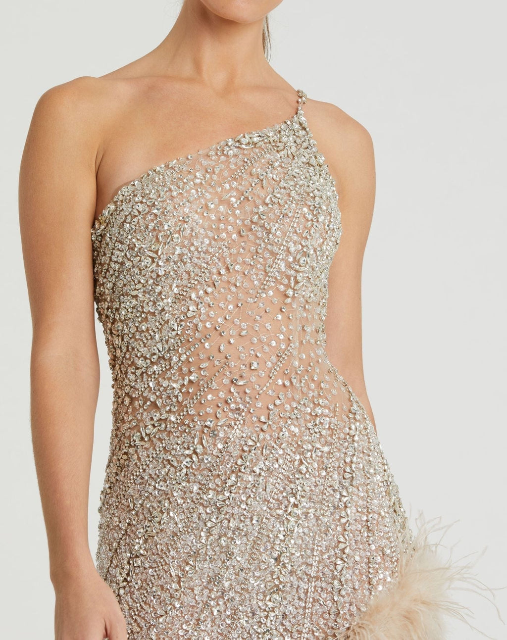 Beige One Shoulder Embellished Dress With Feather Trim