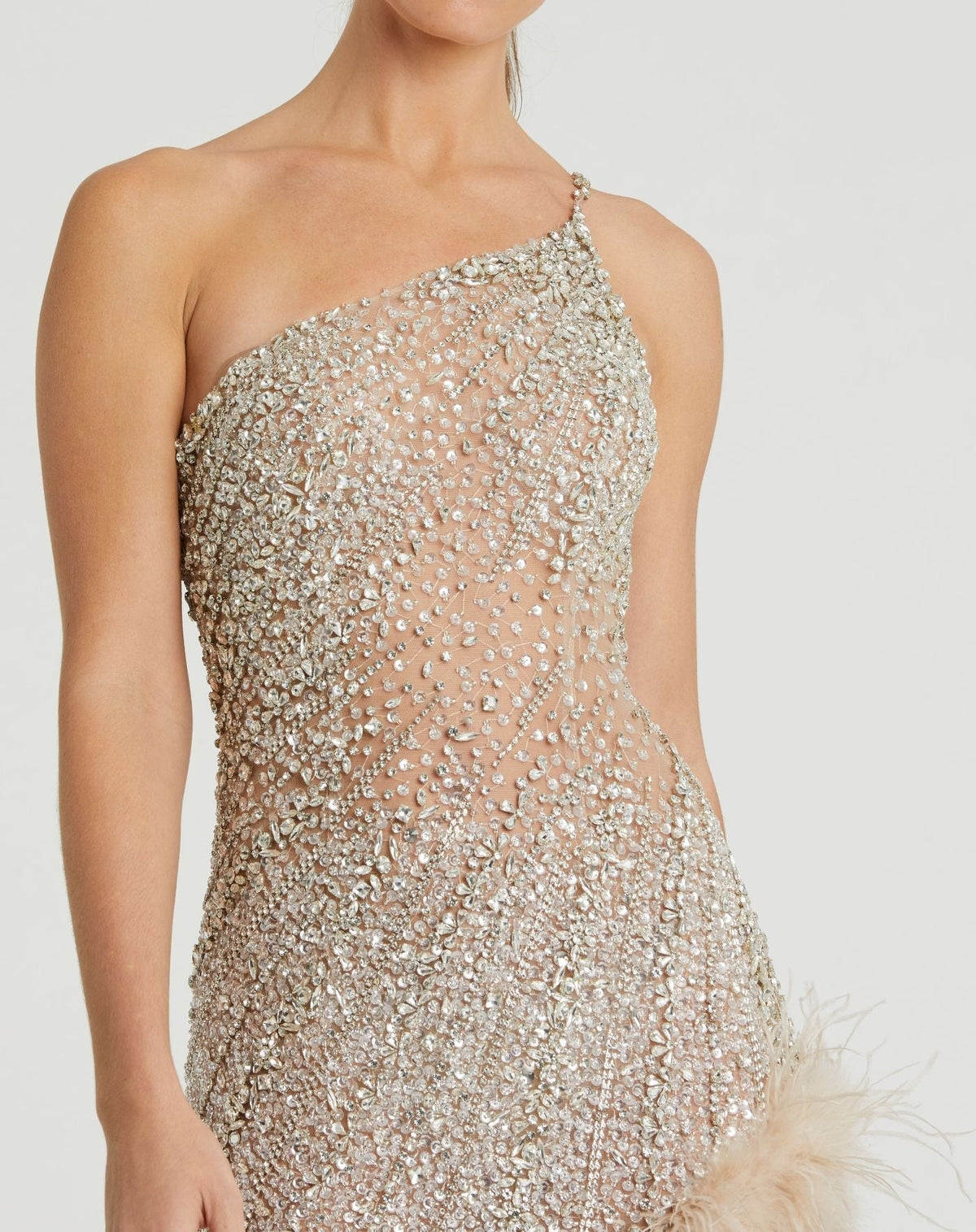 Beige One Shoulder Embellished Dress With Feather Trim