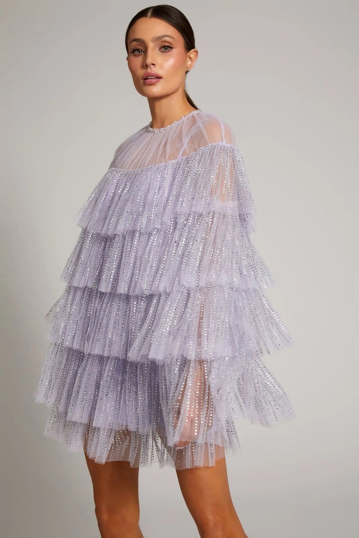 Purple Embellished High Neck Ruffle Mini Dress