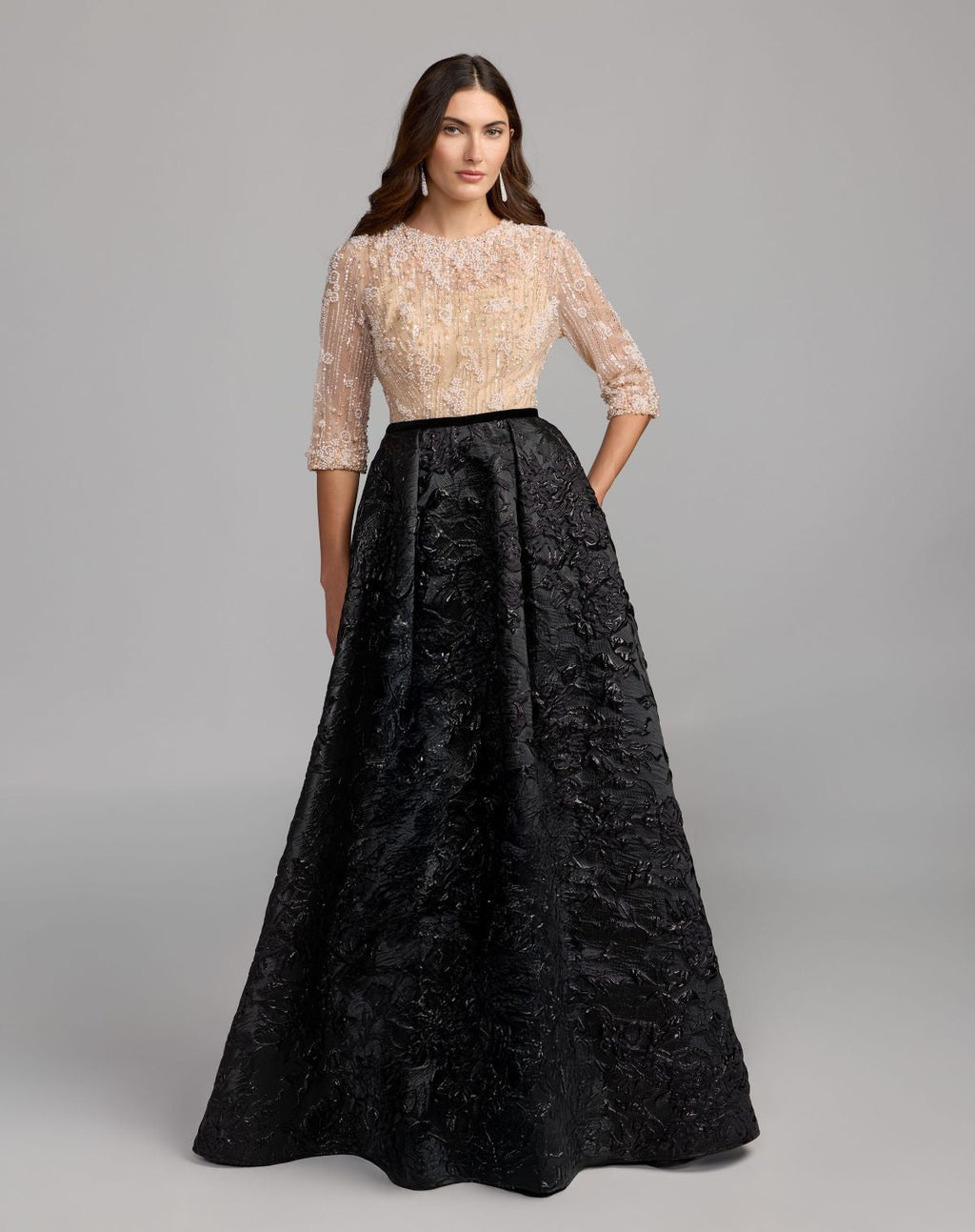 Beige and Black Embellished Brocade Gown With 3/4 Sleeves