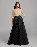 Beige and Black Embellished Brocade Gown With 3/4 Sleeves