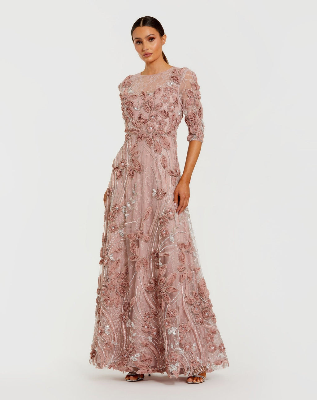 Petite Mocha High Neck Embellished Lace Gown With 3/4 Sleeves