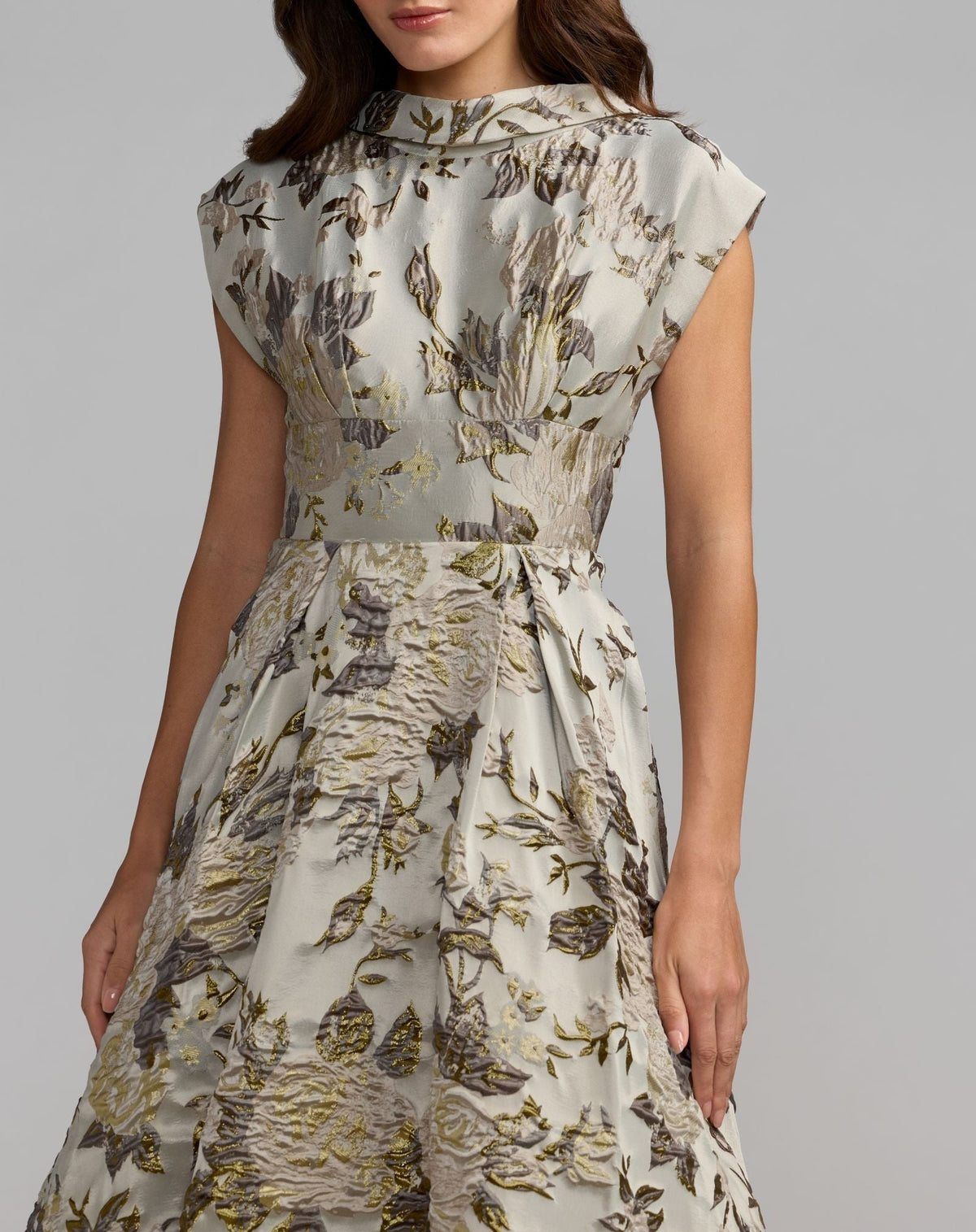 Silver Floral Brocade Cap Sleeve Ball Gown