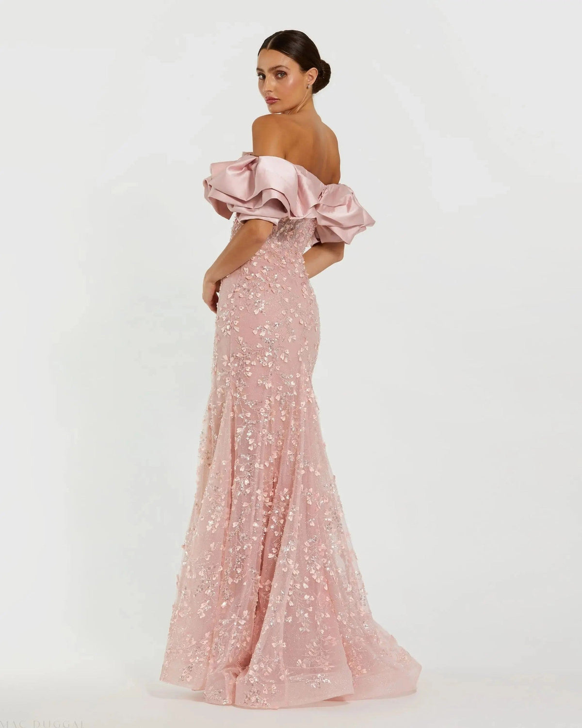 Rose Embellished Mermaid Gown With Off The Shoulder Ruffle